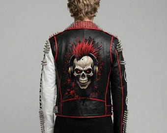 May include: Black leather jacket with a skull graphic wearing headphones and a red mohawk. The jacket has a white sleeve, red trim, and silver spikes. A bold statement piece for a rock and roll aesthetic.