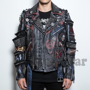 British Punk Jacket Hand Painted Studded Leather Union Jack Skull Crossbones American Flag Distressed Biker Metal Anarchist Statement Coat