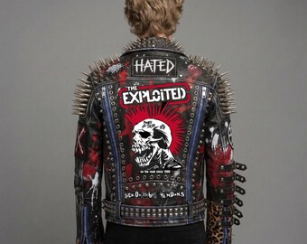 Extreme Studded Punk Jacket in Black Leather With Hand-painted