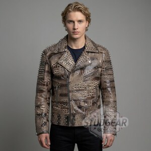 Biker jacket with exotic snake skin print and asymmetrical zipper
