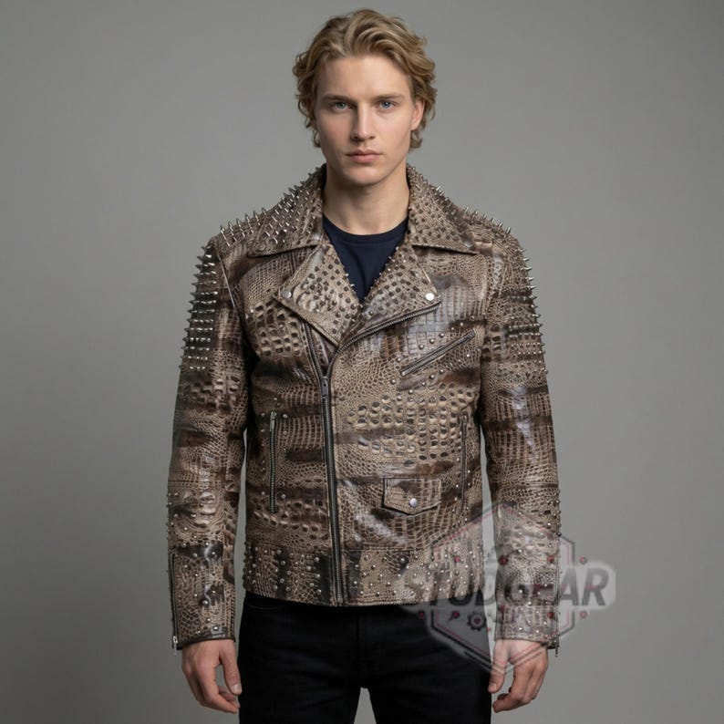Biker jacket with exotic snake skin print and asymmetrical zipper
