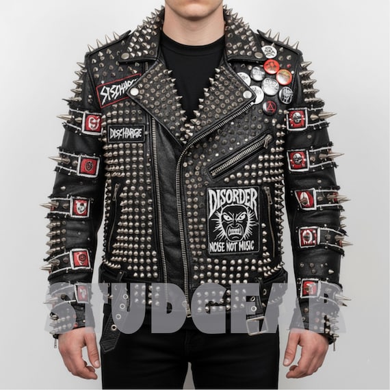 Ultimate Punk Studded Jacket in Black Leather With Skull Patches