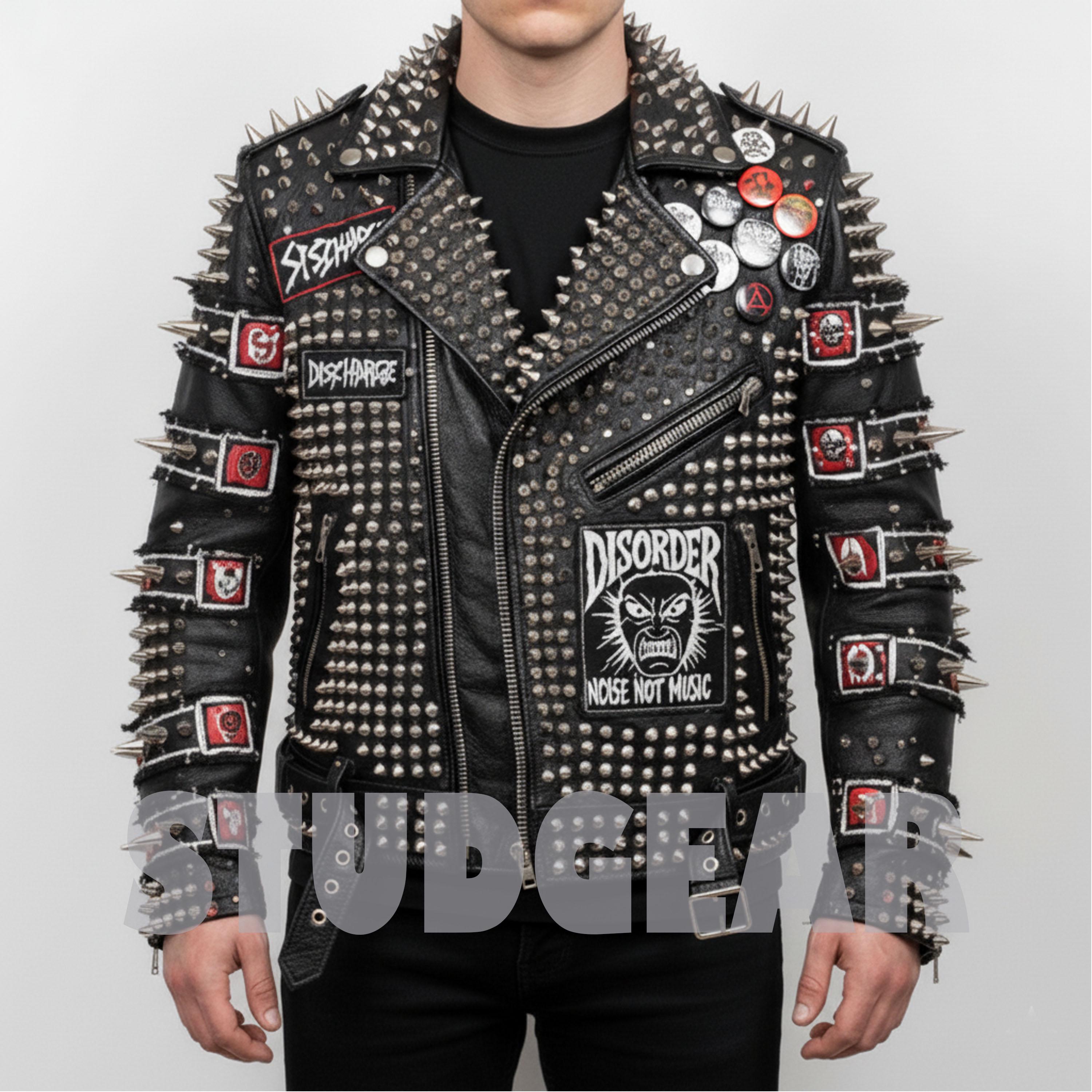 Ultimate Punk Studded Jacket in Black Leather With Skull Patches
