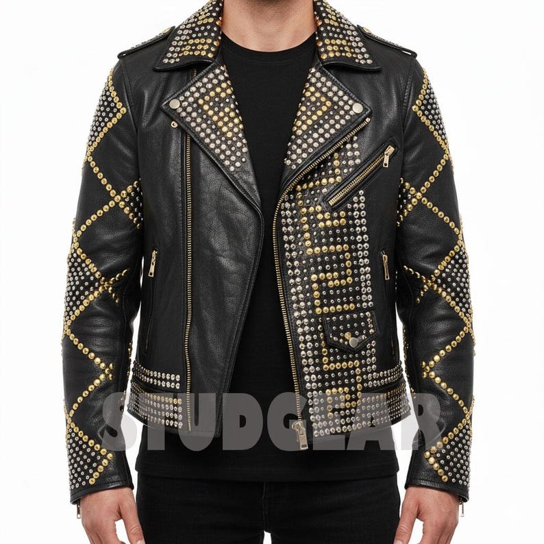 Black studded leather jacket with intricate gold and silver rivet patterns on body and sleeves.