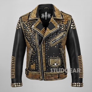 Blouson motard en cuir noir clouté Homme | Manteau moto doré et argenté à clous pyramidaux | Vêtements d'extérieur à pointes métalliques bicolores | Mode audacieuse glam rock