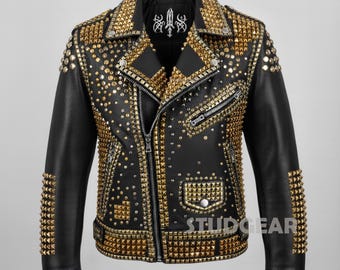 Studded Black Leather Biker Jacket Men | Gold & Silver Pyramid Stud Moto Coat | Bi-Color Metal Spikes Outerwear | Glam Rock Bold Fashion