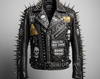 Studded Black Leather Spiked Biker Jacket Men | Maximalist Silver Studs & Caution Patchwork | Hard Rock Gothic Moto Outerwear