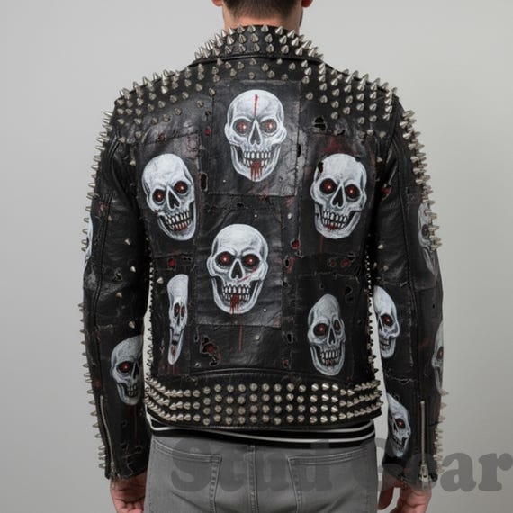 Heavy Studded Punk Jacket | All-over Skull Graphic Artwork