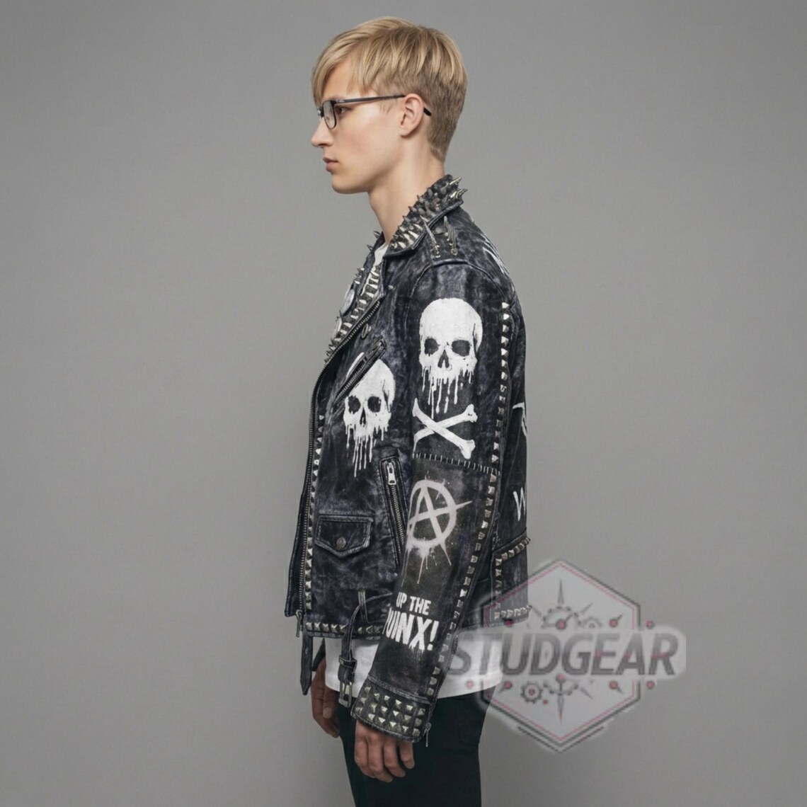 Distressed Studded Punk Rock Biker Leather Jacket Mens Womens Skull ...