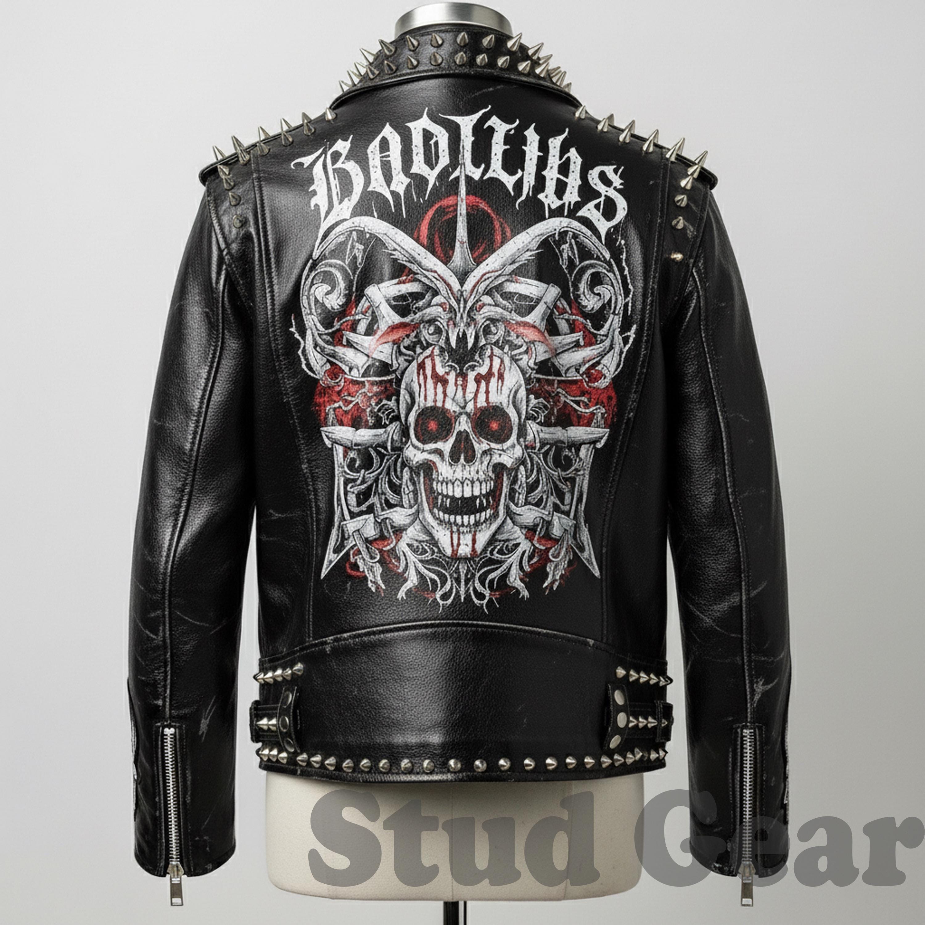 Red Skull Studded Jacket in Burgundy Leather With Silver Cone