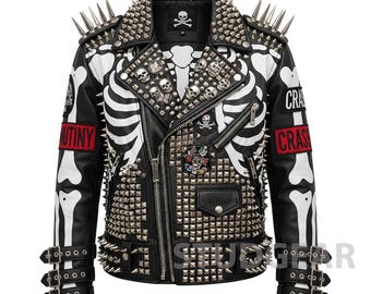 Chaqueta de cuero negro estilo esqueleto con tachuelas extremas / Parche con pinchos altísimos y estilo Crass / Abrigo plateado estilo punk rock de batalla / ¡Cartera GRATIS valorada en 48 USD!