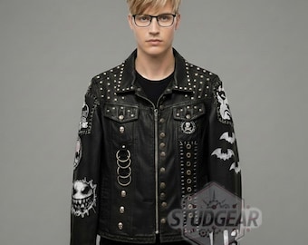 Men's Studded Leather Jacket handmade Punk Rock Biker Coat Custom Full Grain Distressed Goth Fashion.