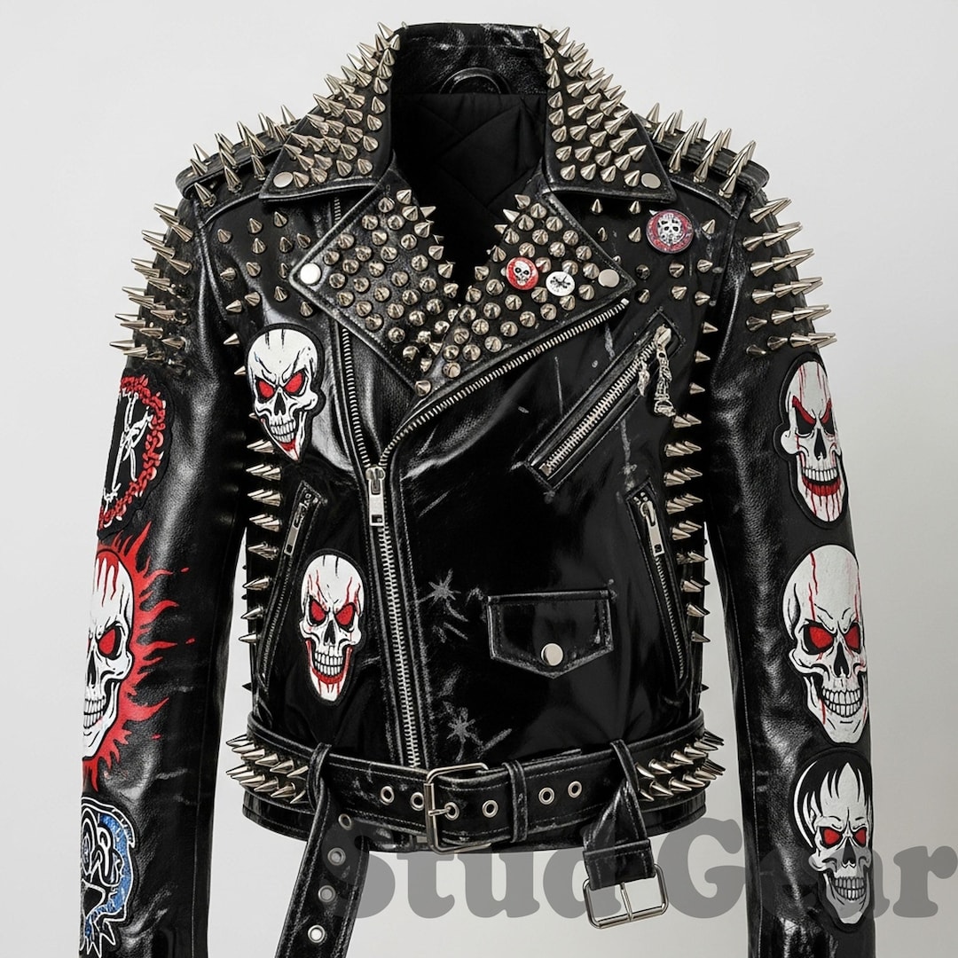 Red Skull Studded Jacket in Burgundy Leather With Silver Cone