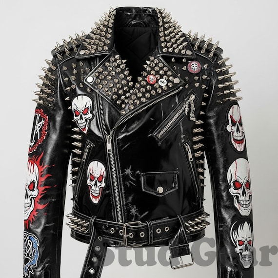 ジャケット・アウター 00s roen Studded Skull Zip ridersJacket Red Skull Studded Jacket in Burgundy Leather With Silver Cone