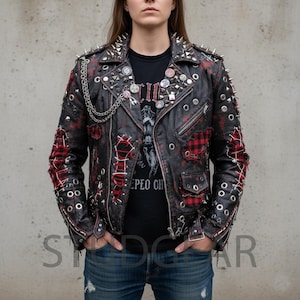 Red Plaid Punk Jacket with Black Leather Panels, Silver Cone Spikes Skull Back Patch, Metal Grommets, Lace-Up Sleeves and Studded Biker Coat