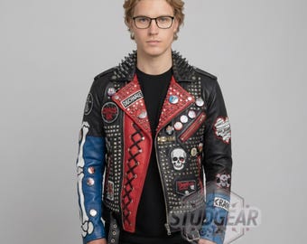 Handmade Punk Rock Studded Leather Jacket Men's Spiked Biker Custom Patches Unique Design