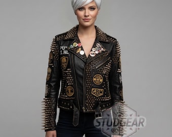 Studded Leather Jacket Punk Rock Biker Jacket Women Mens Custom Spiked Full Grain Leather Coat Handmade Fashion.