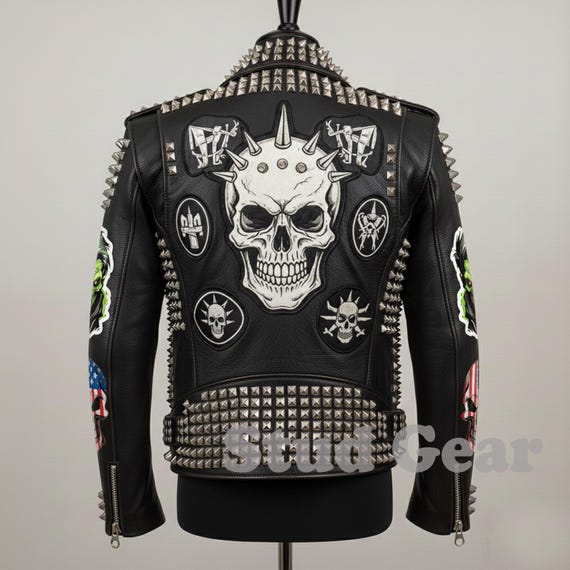 Black Spiked Skull Punk Leather Jacket | Chains & Studs | Cone