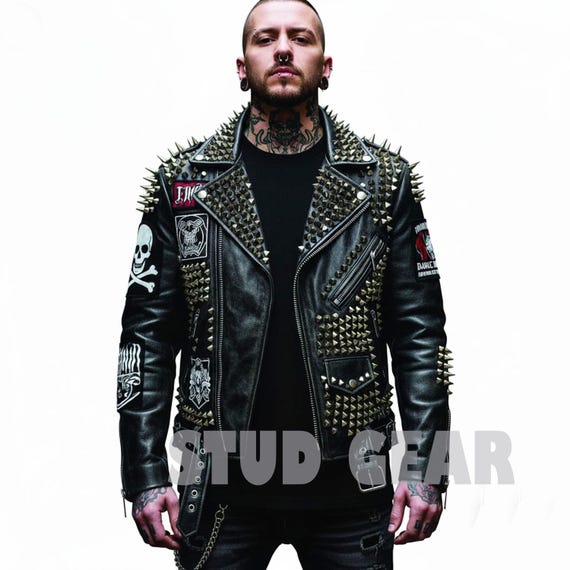 Gothic Studded Punk Leather Jacket | Black Red Anarchy Symbol Art