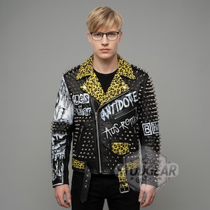 Mens Studded Punk Leather Biker Jacket Leopard Print Sleeve Hand