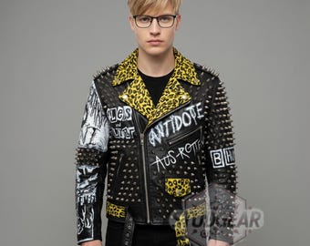 Mens Studded Punk Leather Biker Jacket Leopard Print Sleeve Hand