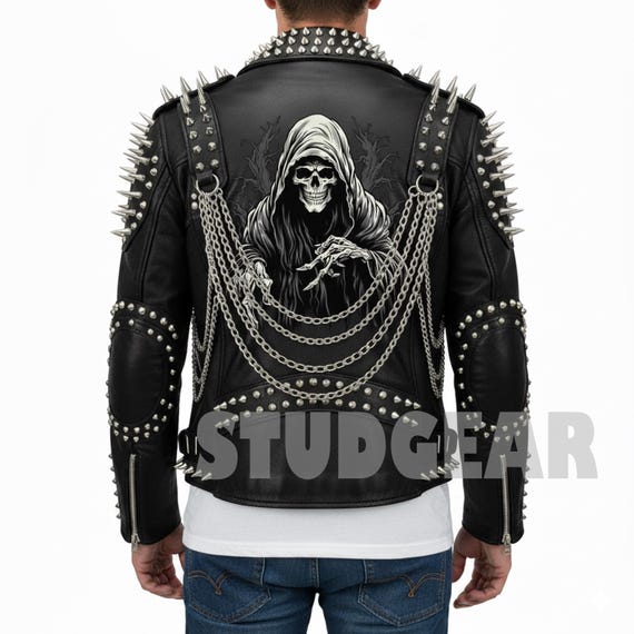 Black Silver Studded Spike Punk Biker Jacket With Grim Reaper