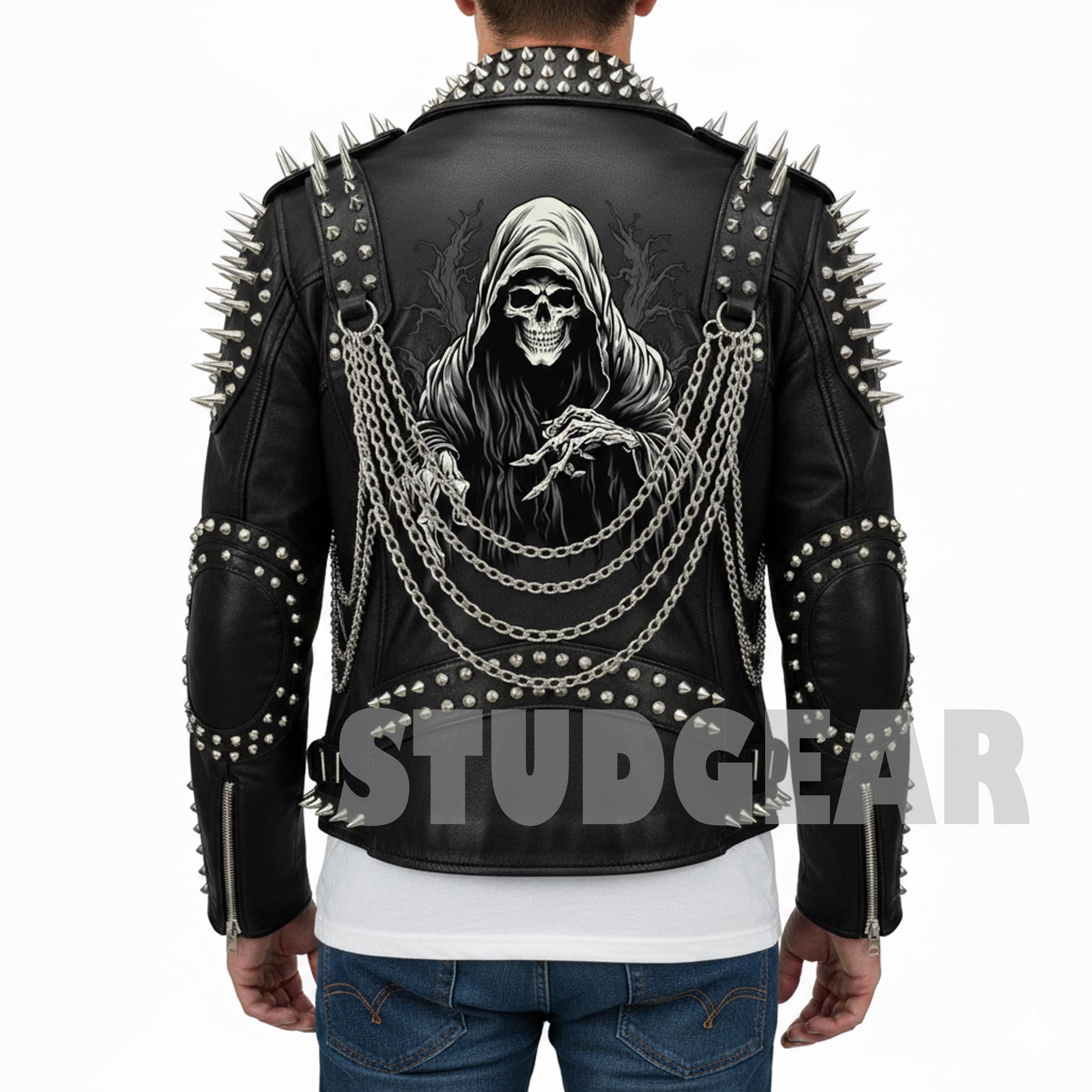 Black Silver Studded Spike Punk Biker Jacket With Grim Reaper