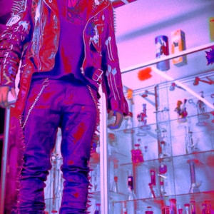 May include: A leather jacket featuring metal spikes on the shoulders and sleeves, paired with dark trousers. The jacket is adorned with white painted graphics and a silver chain attached to the waistband. The overall colour palette is heavily saturated in shades of purple and red.