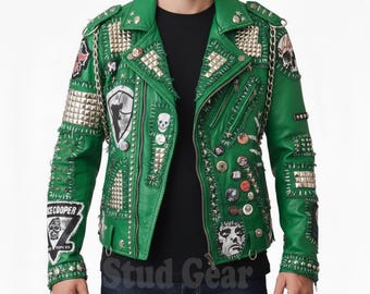 Green Studded Punk Leather Jacket, Silver Pyramid Studs Metal Chains Skull Artwork, Custom Handmade Rock Biker Motorcycle Concert Jacket