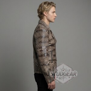 Luxury streetwear mens jacket with silver hardware and snake scales