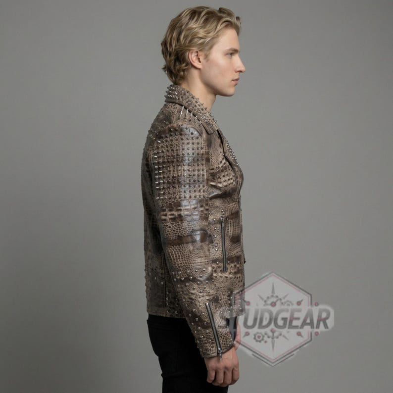 Luxury streetwear mens jacket with silver hardware and snake scales