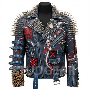 Könnte beinhalten: Blaue Lederjacke mit silbernen Stacheln auf Schultern, Kragen und Manschetten. Die Jacke hat rote und weiße Farbspritzer, Aufnäher und das Wort "HATED". Sie hat einen Reißverschluss und mehrere Schnallen.