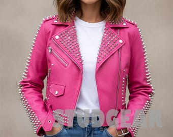 Hot Pink Studded Spike Punk Biker Jacket Women Leather Silver Studs Cone Spikes Shoulders Sleeves Rock Fashion Statement Bold Color Coat