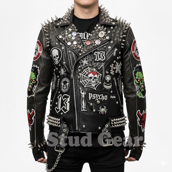 Extreme Studded Punk Leather Jacket | Black Skull Chains | Cone