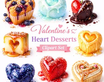 Valentine Heart Desserts Clipart, Kawaii Treats PNG (Digital Download)