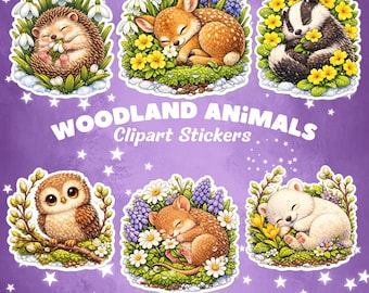 Woodland Animals Clipart Set, Baby Forest Animals PNG, Kawaii Animal Stickers, Spring Flowers, Digital