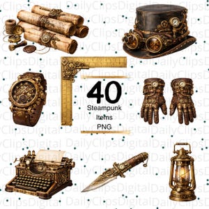May include: A collection of 40 steampunk-themed items, including a top hat with goggles, a pocket watch, gloves, a typewriter, a knife, and a lantern. The items are in shades of brown and gold, with gears and gauges.