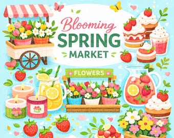 Spring Market Clipart Set • Floral, Lemonade, Strawberry Icons (PNG, 4000x4000 px)