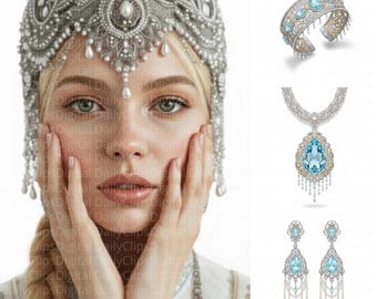 25 Luxury Slavic Queen Clipart Bundle, Silver Snow Maiden PNG, Modern Folk Art Fashion