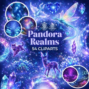 May include: Digital art featuring a starry night sky with fantasy creatures and elements. The image includes a dragon, a cat, a deer, and crystals. Text reads "Pandora Realms 54 Cliparts."