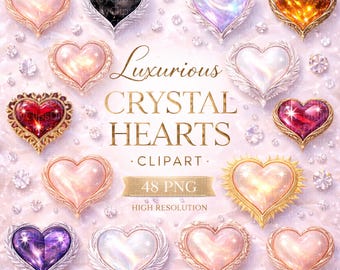Crystal Heart Clipart | Gold, Silver Gemstone Hearts (PNG SVG)
