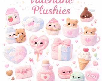 Kawaii Valentine Plush Clipart | Pastel PNG Set (Digital Download)
