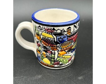 Nazareth Ceramic Mug Hand Painted Cityscape Blue Rim Souvenir 4oz.
