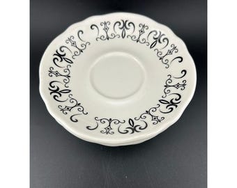 Set of 2 Homer Laughlin Saucers Black "Gothic Scroll" Scalloped Edge Vintage