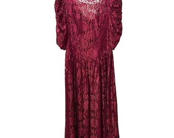 Vintage Lace Formal Evening Gown Burgundy Puff Sleeve Bow Back Midi Dress