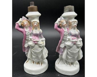 Vtg Germany Porcelain Lamp Base Pair Victorian Rococo Couple Romantic Romance