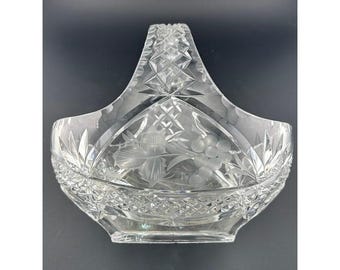 Vintage Crystal Basket with Handle Cut Glass Floral Design Decor Heavy