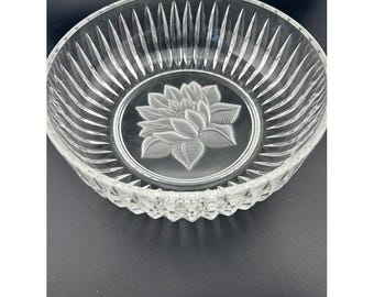 Vintage Cut Crystal Bowl With Etched Floral Lotus Design 8" Wide 3" Tall