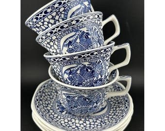 Adams Chinese Bird Teacups Saucers Set Real English Ironstone Made in England