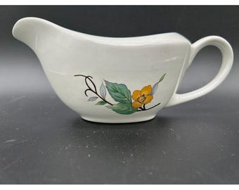 Vtg Woodhill by Citation White Gravy Boat Creamer Floral Design Brown Rim